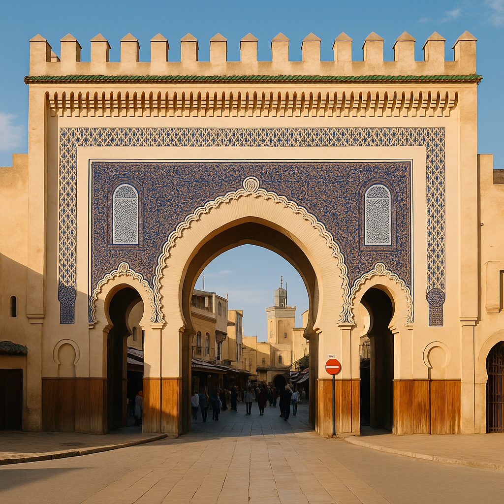 Bab Bou Jeloud, the Blue Gate in Fez, a must-see landmark featured in a Morocco Travel Itinerary.morocco tours