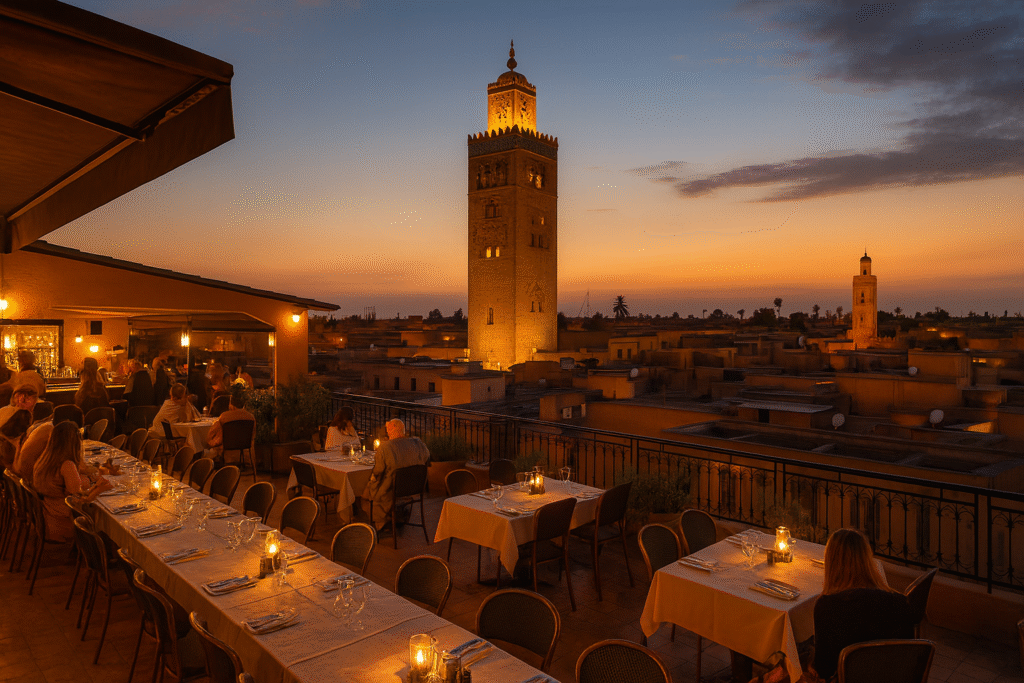 Sunset rooftop restaurant in Marrakech overlooking the Koutoubia Mosque – Marrakech rooftop dining experience