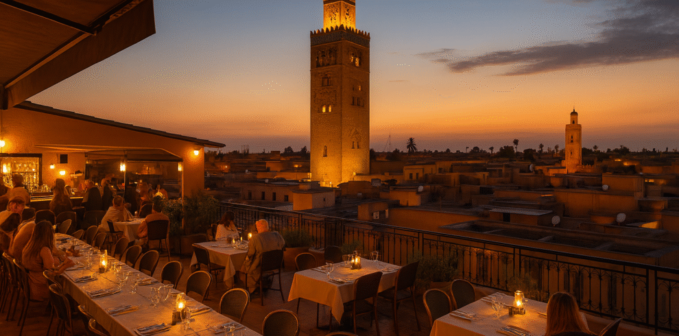 Sunset rooftop restaurant in Marrakech overlooking the Koutoubia Mosque – Marrakech rooftop dining experience