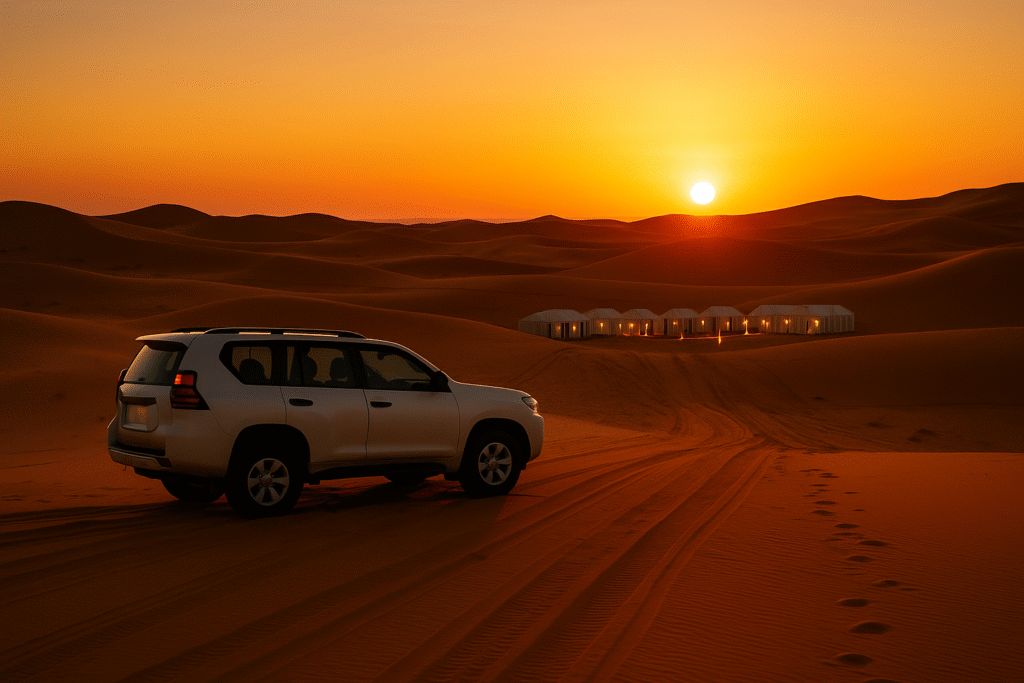 A white 4x4 vehicle parked on the golden dunes of Merzouga with a luxury desert camp glowing in the distance at sunset.morocco small group tours