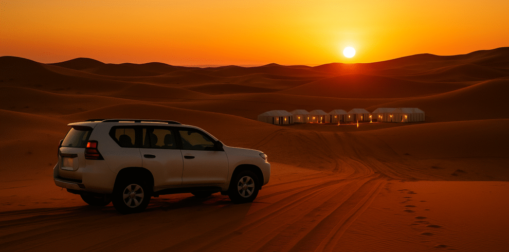 A white 4x4 vehicle parked on the golden dunes of Merzouga with a luxury desert camp glowing in the distance at sunset.morocco small group tours