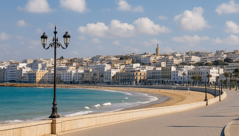 Panoramic view of Tangier city from the Corniche, highlighting a safe and welcoming travel destination in Morocco