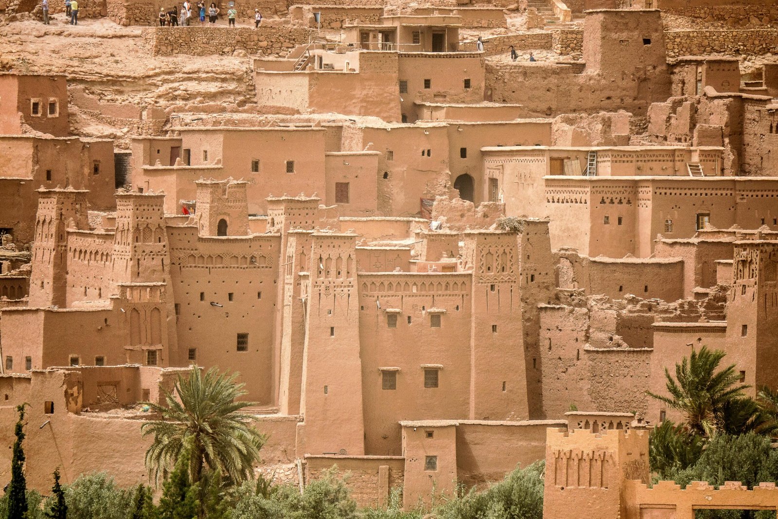 Clay architecture of Ait Benhaddou, a historic desert fortification in Morocco.