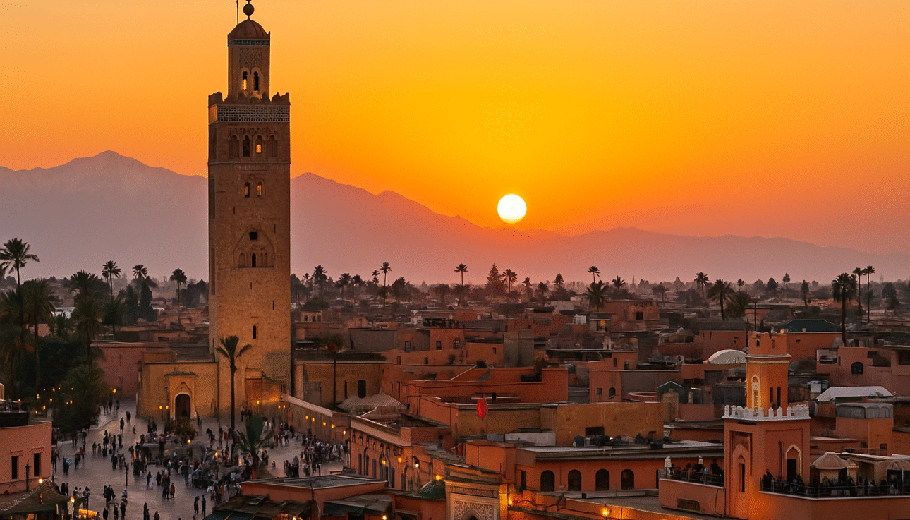 Things to Do in Marrakech– panoramic view of Marrakech Medina with Koutoubia Mosque and Atlas Mountains at sunset.
