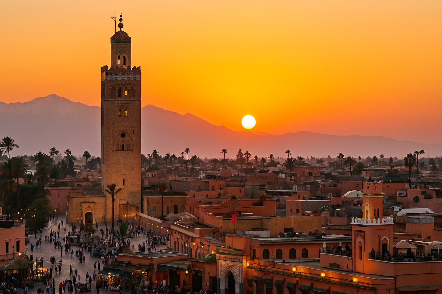 Things to Do in Marrakech– panoramic view of Marrakech Medina with Koutoubia Mosque and Atlas Mountains at sunset.