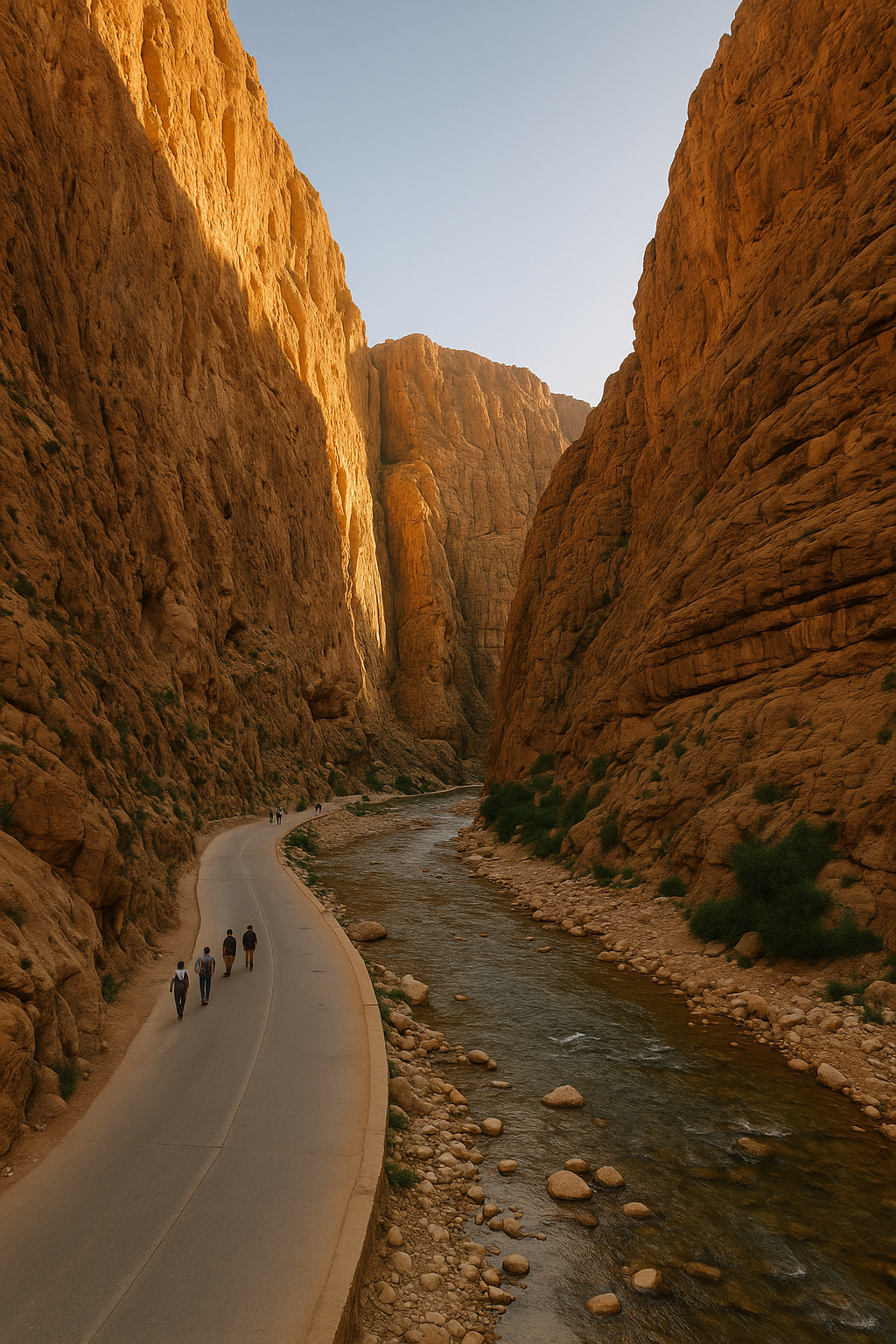 Morocco Group Tours – dramatic red cliffs of Dades Gorge with a winding road and river flowing through the canyon under sunlight.