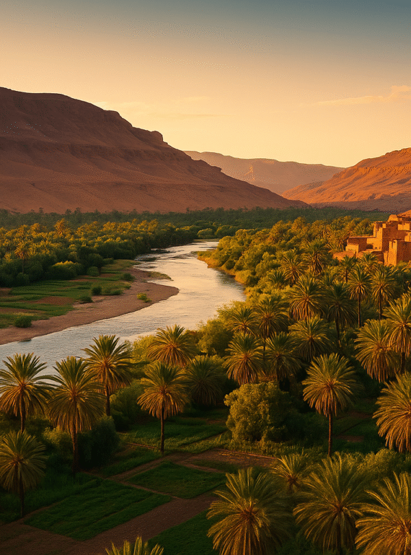 Morocco Group Tours – lush palm groves of Draa Valley with kasbah village and river flowing through the desert mountains at sunset.