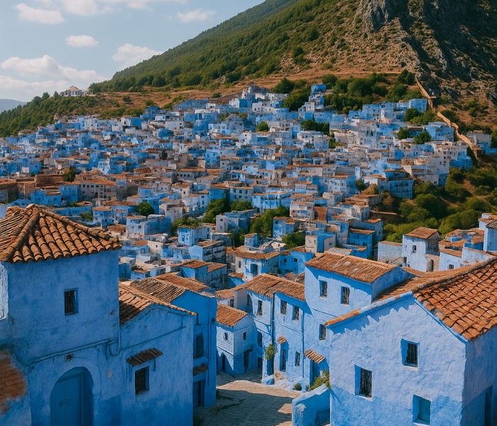 Panoramic view of Chefchaouen, the Blue City Morocco, with blue-painted houses on the hillside of the Rif Mountains